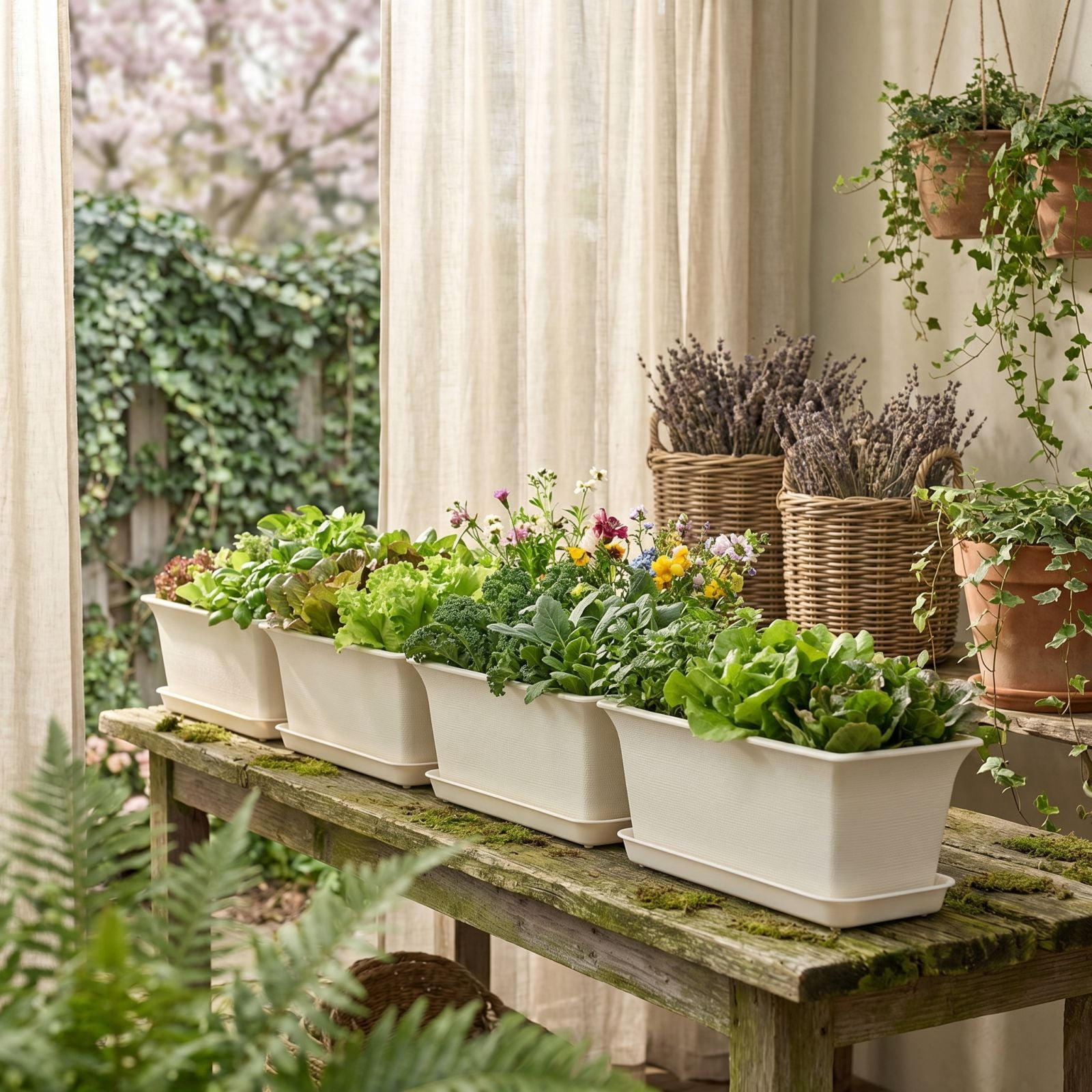 Rectangular Plastic Planter Box with Drainage Tray for Indoor Outdoor Gardening White Small Flower Pot for Herbs Vegetables Balcony Window sill Planting Container