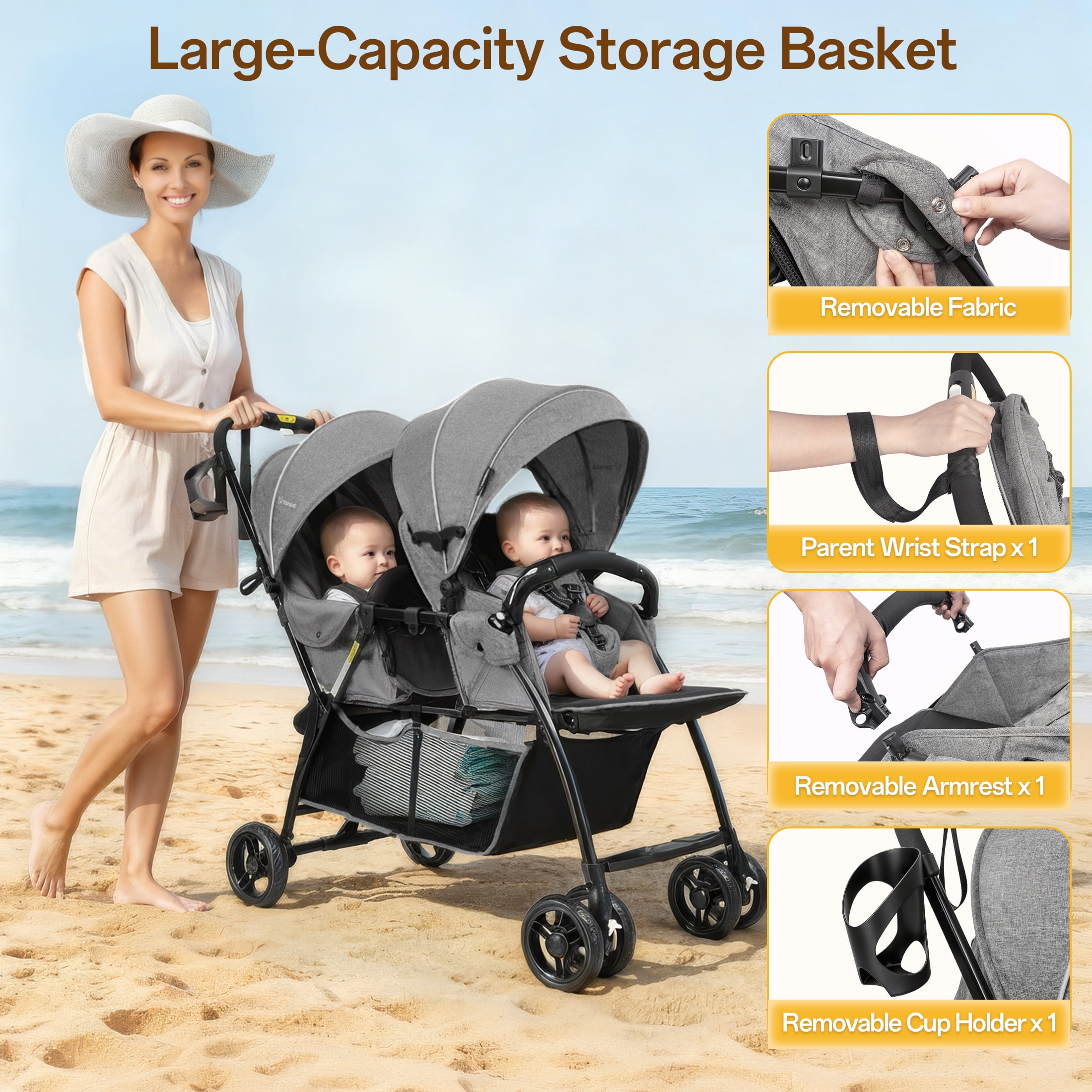 Vomeast Double Stroller for Twins, Foldable Lightweight Travel Stroller for Infant and Toddler, 5-Point Harness, Adjustable Canopy & Reclining Seat, Gray