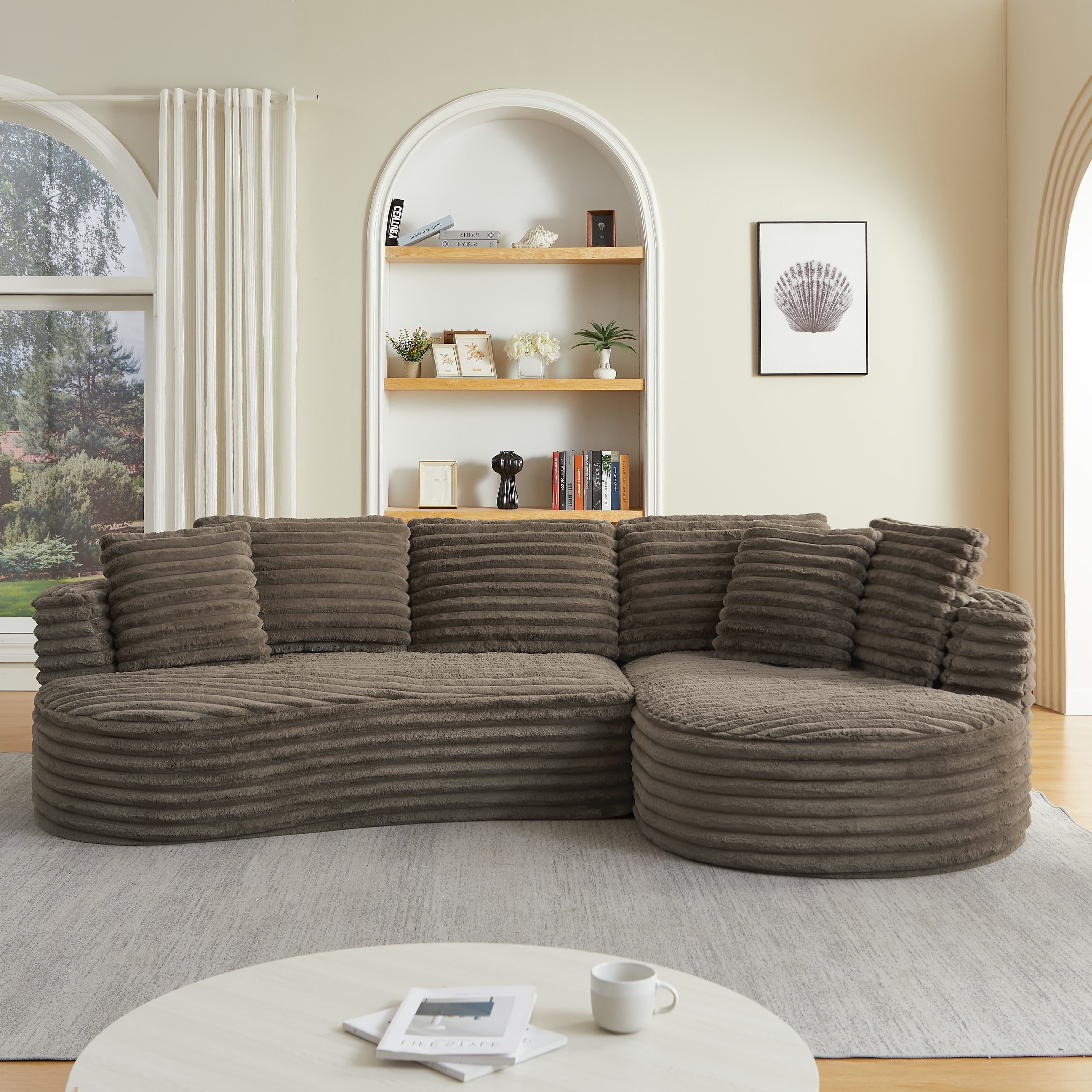 MAYEERTY 120.9" Brown Corduroy Curved L Modular Sectional Sofa, Pocket Spring No Assembly Couch for Living Room Reception