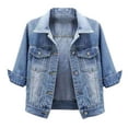 thumbnail image 1 of Runhomal Manteau Veste en Denim pour Femmes à Manches 3/4, Basique, Boutonné, Extensible, avec Poches, Bleu Pâle, 4TG, 1 of 7