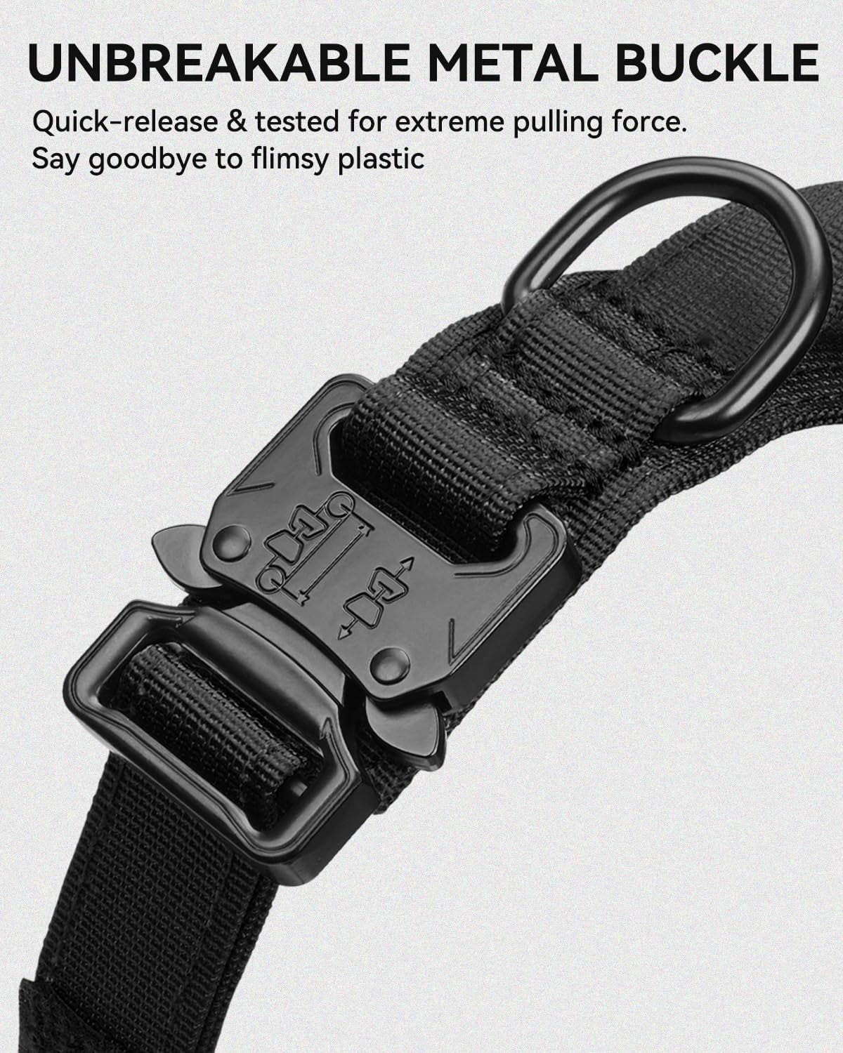 Tactical Dog Collar with Handle and Metal Buckle, Heavy Duty Padded Military Collar with 2 Patches for Training, Adjustable for Large Dogs, Black, L