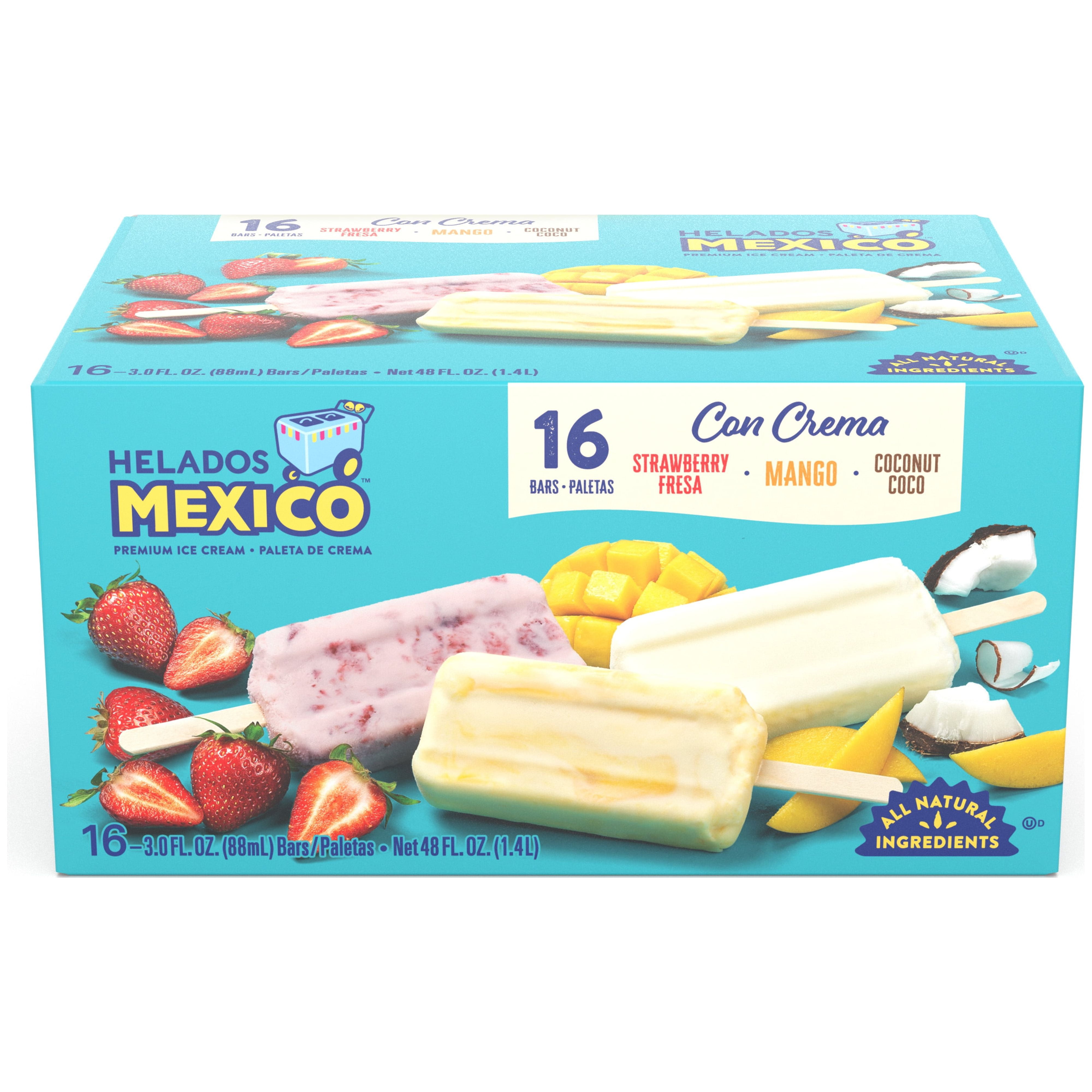 Helados Mexico Strawberry, Coconut and Mango Real Fruit and Ice Cream Bars Variety, Gluten Free, Frozen, 48 fl oz, 16 count