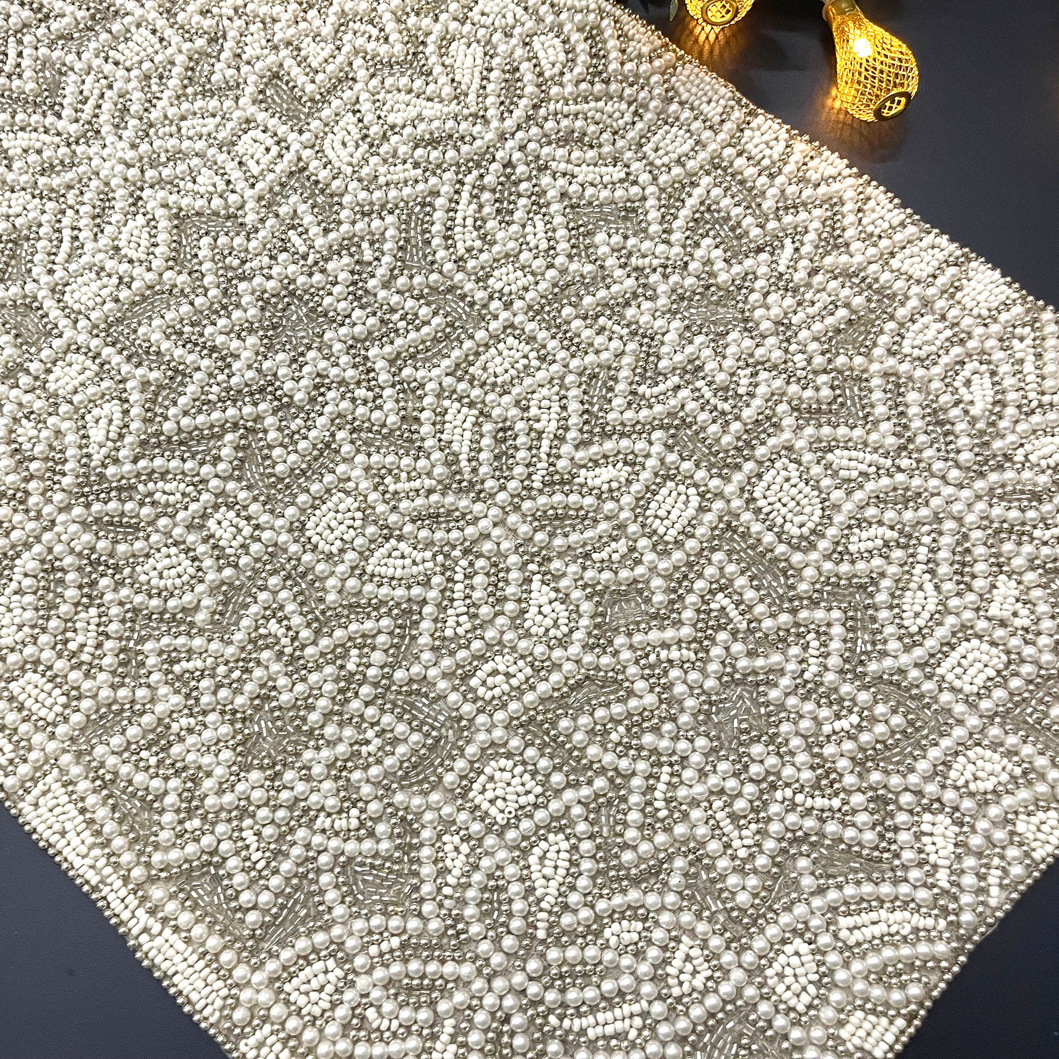 Handmade beaded Christmas table runner, white silver, 13x48inch