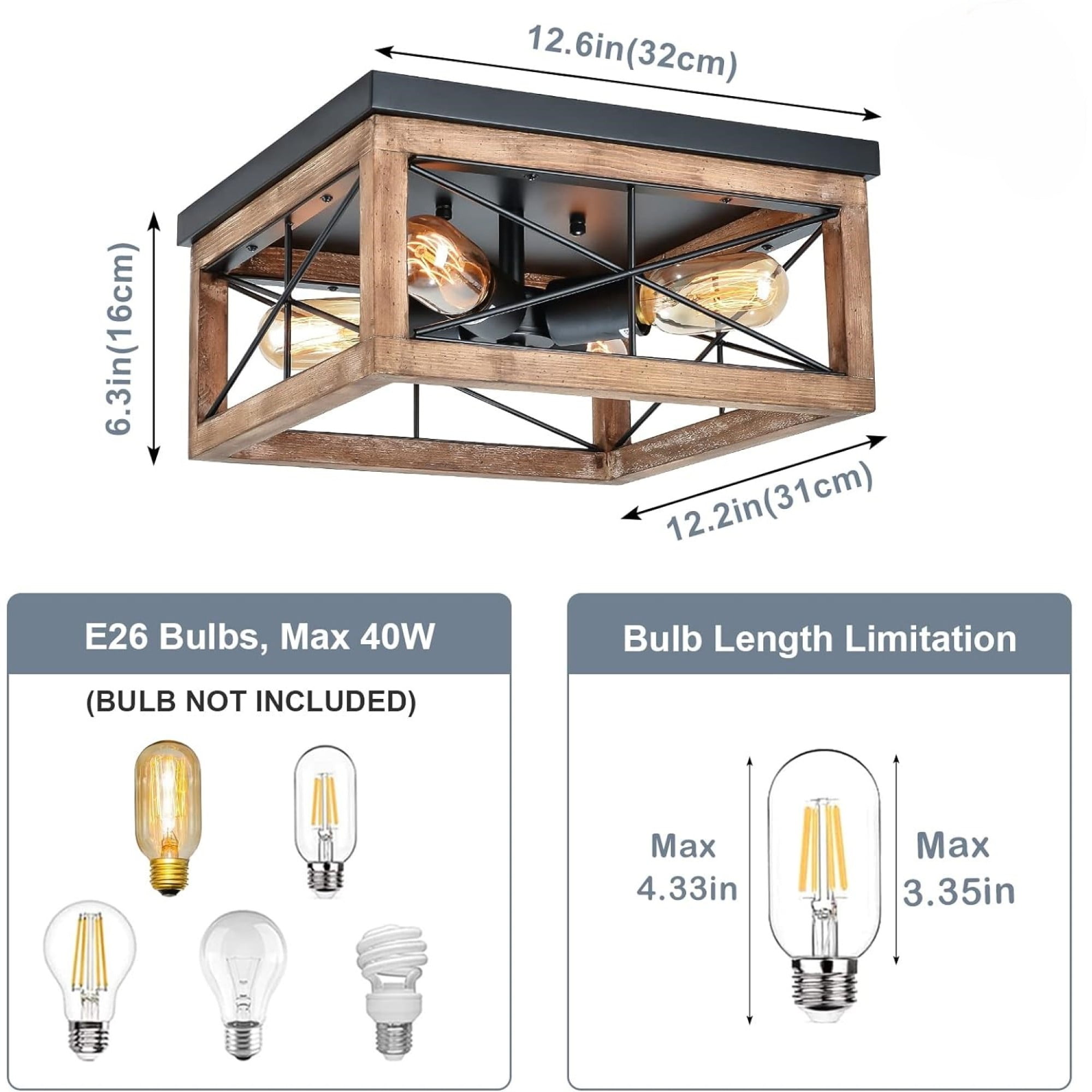 Farmhouse Style Black Wooden Flush Mount Ceiling Light Fixture, 4-Light for Kitchen & Living Room