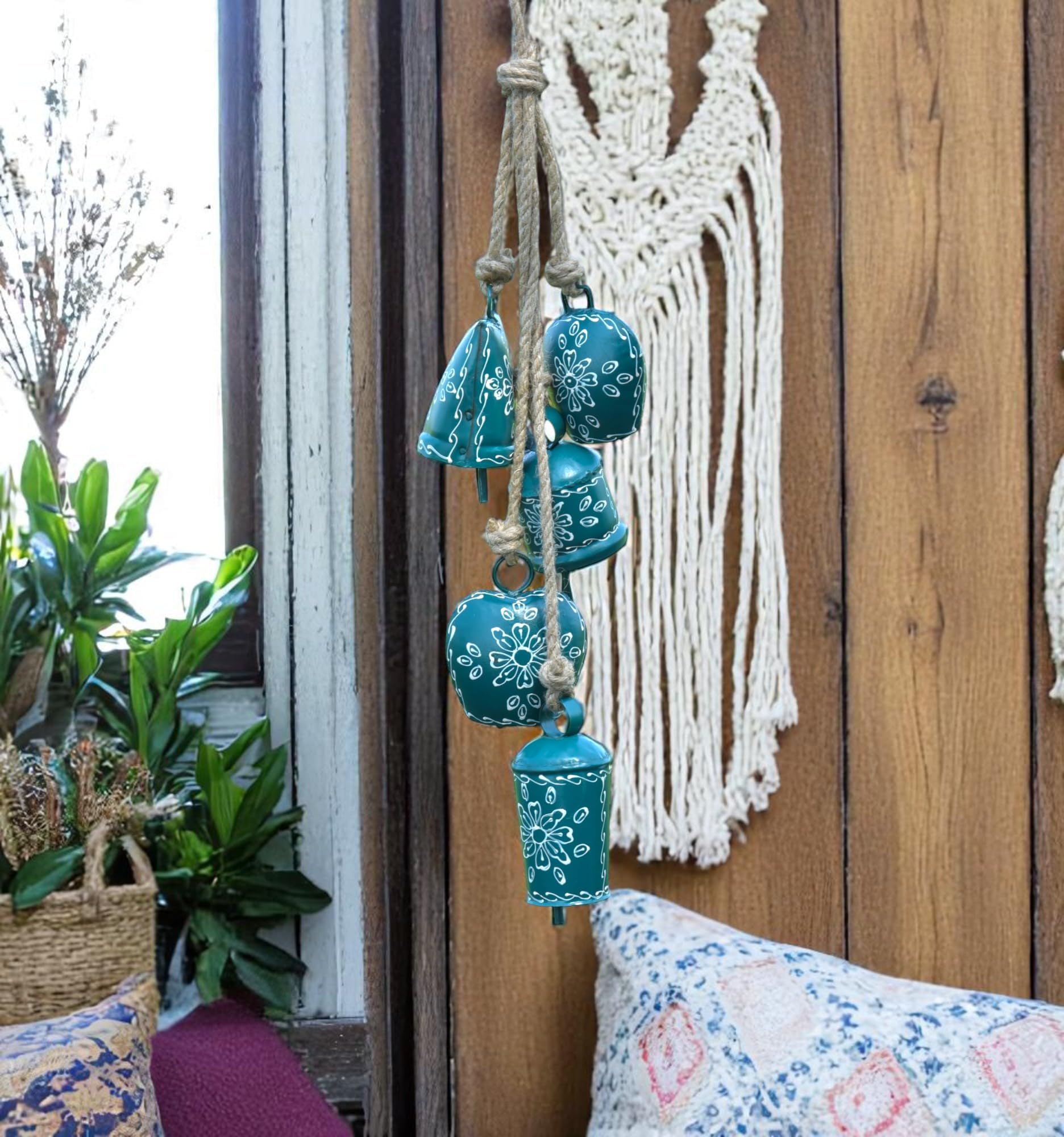 Vivanta Rustic Cow Bell Wind Chime 25” - 5 Metal Hanging Bells for Christmas, Farmhouse, Porch, Entryway, Bohemian Garden Chime, Vintage Bell Garland, Antique Wind Chimes for Indoor & Outdoor (Green)