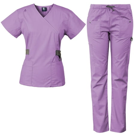 

Medgear 12-Pocket Women s Scrub Set with Silver Snap Detail & Contrast Trim Lilac Large