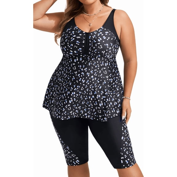 Plus Size Two Piece Rash Guard Tankini Set Flowy Swim Top Capri Shorts Navy
