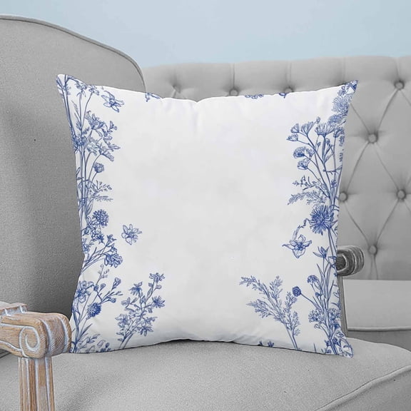 Blue Spring Floral Throw Pillow Covers, Soft Pillowcases with Invisible Zipper, Summer Flowers Botanical Decorative Square Pillow Cushion Covers for Living Room Couch Sofa Bed 16x16 Inches