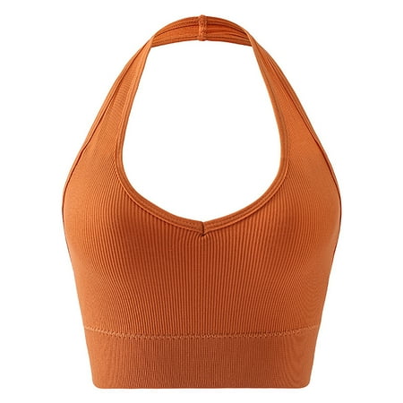 Gnurob Womens Butterluxe Halter Longline Sports Bra - No Underwire Padded Bralette Workout Yoga Tank Tops Push Up Bras Clearance Deals  Orange Medium