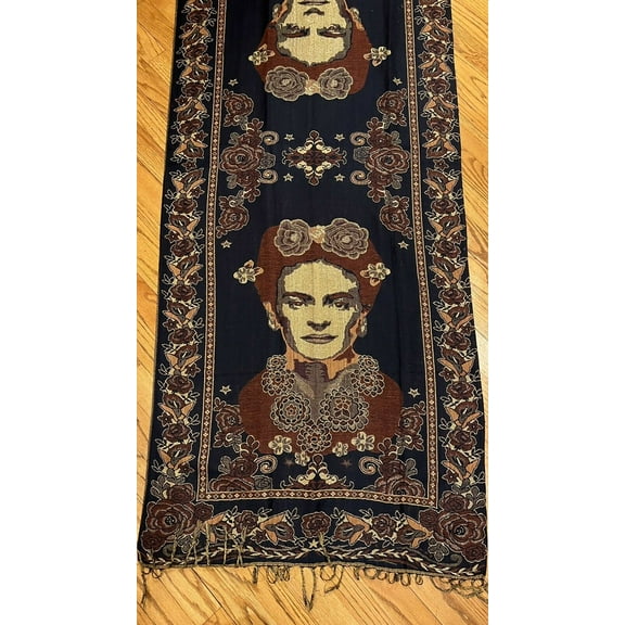 Mexican Pashmina Shawl Scarf Wrap Artist Frida Kahlo Black Brown Beige Gold New