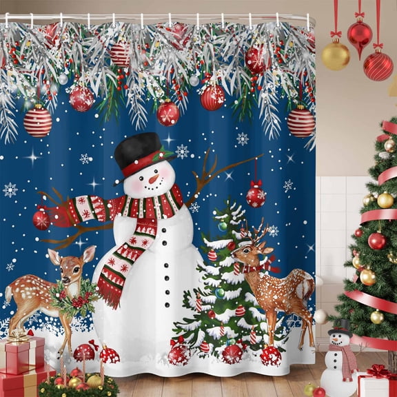 Navy Blue Christmas Shower Curtain, Snowman Xmas Tree Ball Elk Snowflake Waterproof Fabric Shower Curtains with 12 Hooks, Bathroom Curtain Set for Bathroom Accessories Decor, 36 x 78 Inches