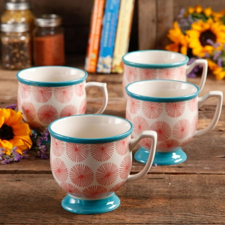 The Pioneer Woman Flea Market Happiness 15 oz Decorated Mugs, Red & Turquoise, Set of 4