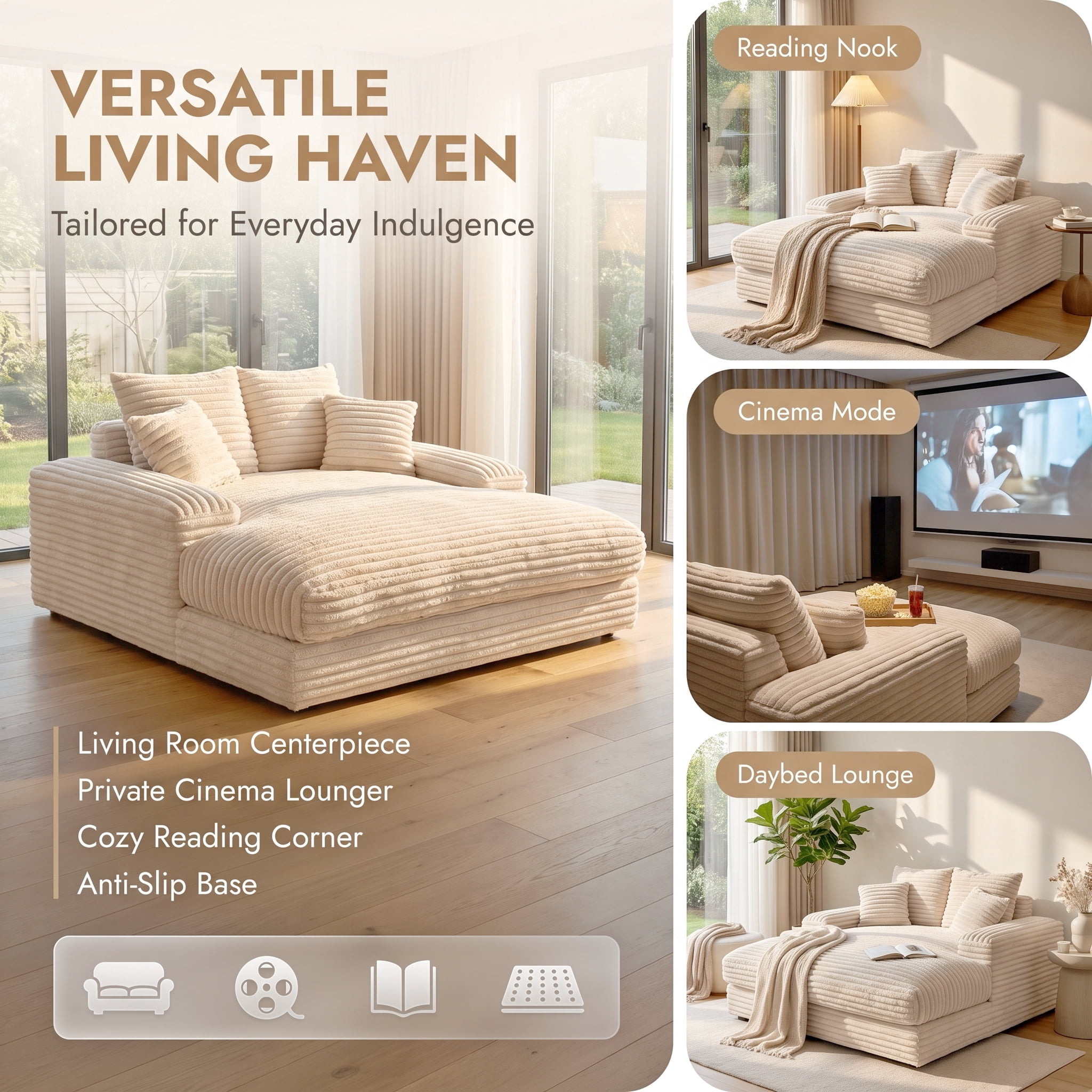 Modern Corduroy Oversized Chaise Lounge Chair, 66"Double Daybed Sofa Sleeper with 4 Pillows, No Assembly Cloud Couch for Living Room, Beige