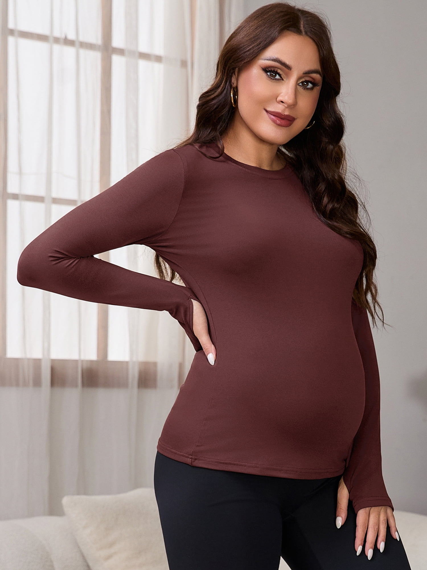 DARING DIVA Women's Maternity Stretchy Fitted Crew Neck Long Sleeve Tops XL Dark Red