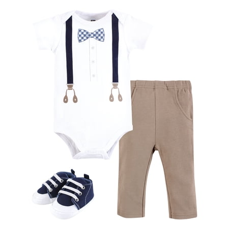 Hudson Baby Infant Boy Cotton Bodysuit Pant and Shoe Set Blue Gingham Bow Tie 9-12 Months