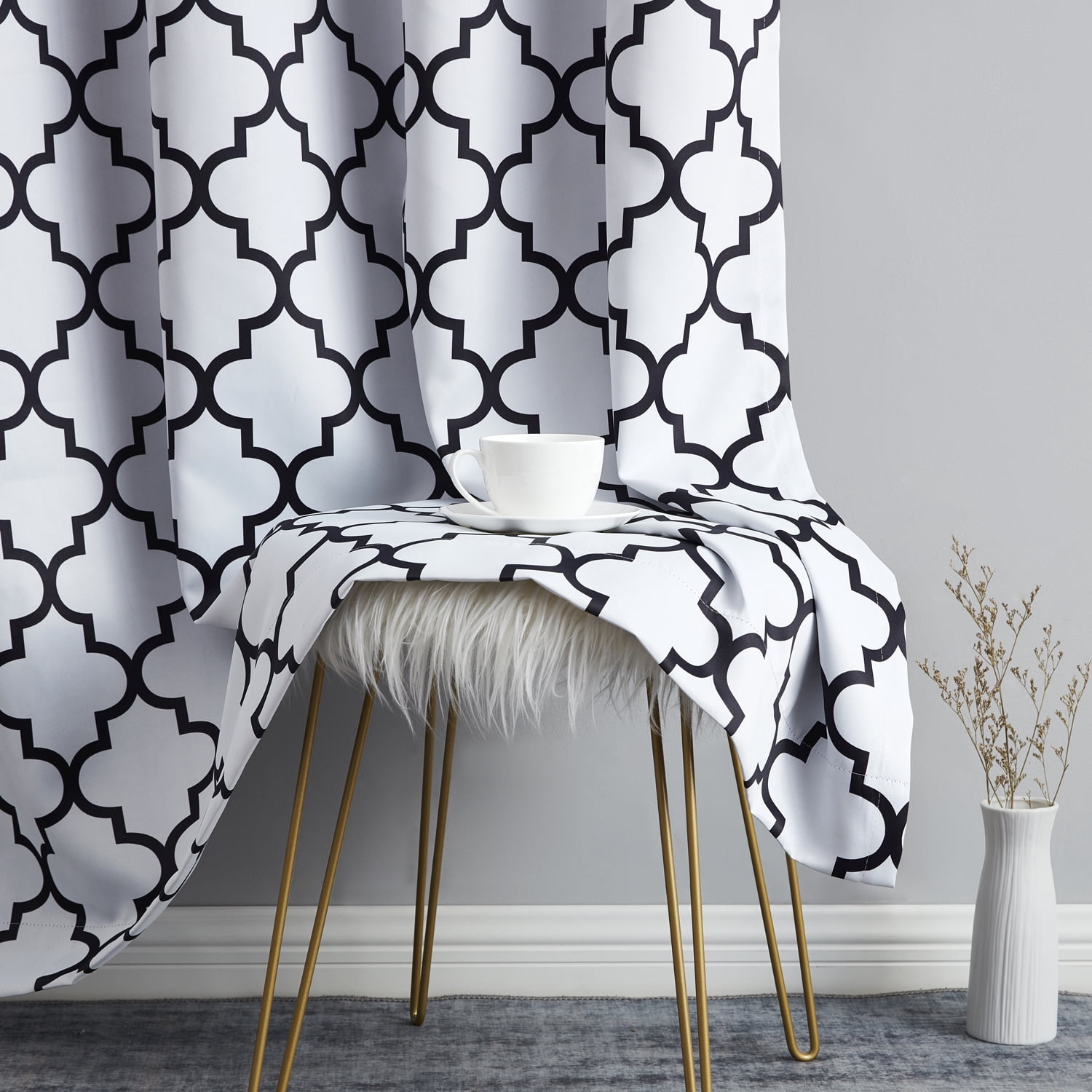 THD Moroccan Trellis Lattice Decorative Blackout Thermal Privacy Room Darkening Grommet Window Drapes Curtain Panels for Bedroom - Set of 2 (Platinum White Black, 37 W x 72 L)