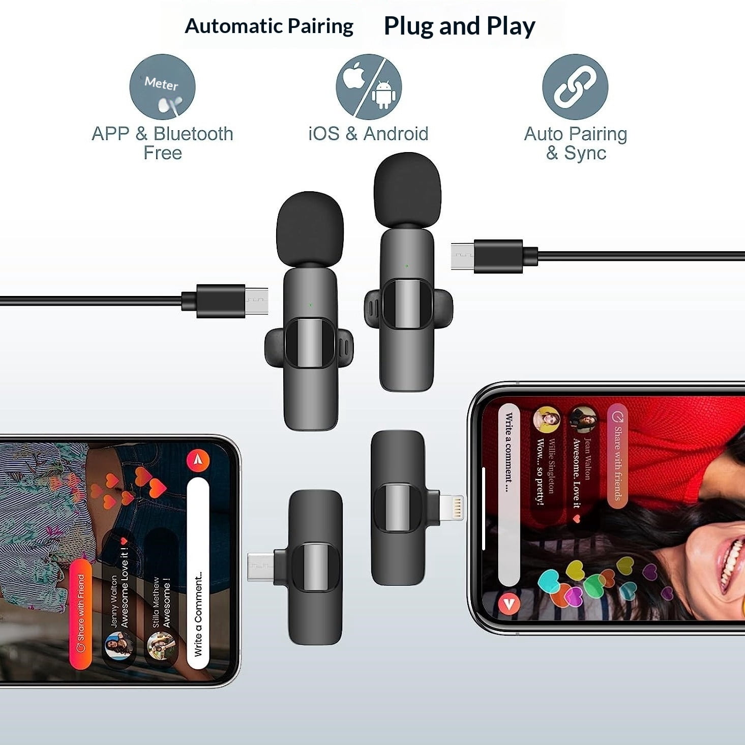 Wireless Lavalier Microphone for iPhone Android, Recording Clip-on Mini Mic for iPhone/for iPad Video Recording with Rotatable Clip&Denoise Recording, Portable Mic Set for Content Creators