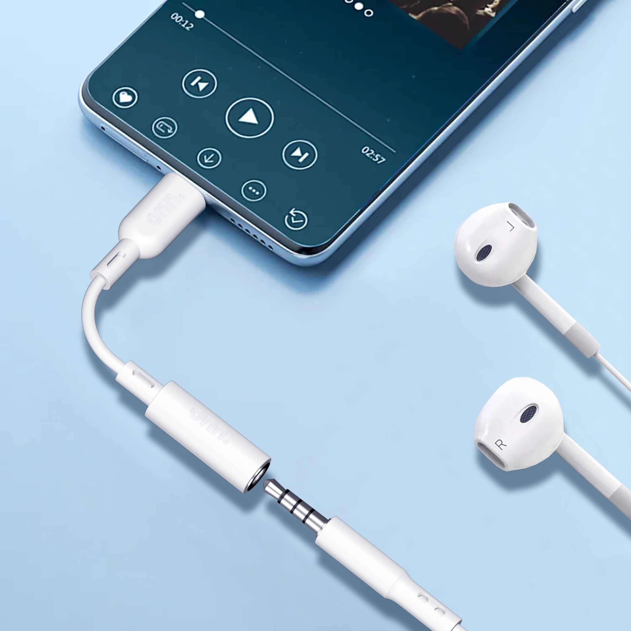 onn Lightning to 3.5mm Audio Jack Adapter, Apple Mfi Certified, White