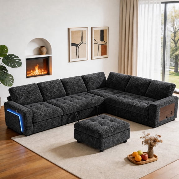 102" 7 Seat L Shaped Modular Sectional Sleeper Sofa Bed with Pull Out Bed/Reclining Backrest/USB Ports/Storage & Tufted Seat, Sectional Sleeper Couch, Tool-Free Assembly,Chenille Fabric Black