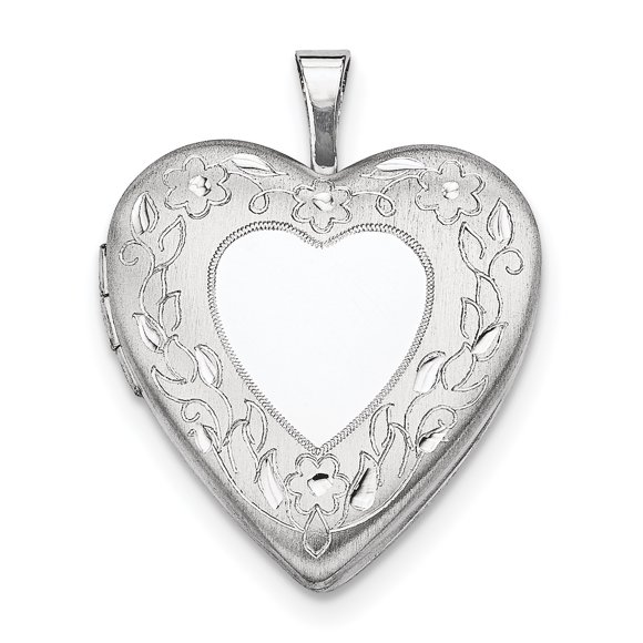 Sterling Silver Rhodium-plated 20mm Floral Border Heart Locket QLS320 (25mm x 20mm)