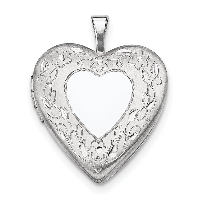 Sterling Silver Rhodium-plated 20mm Floral Border Heart Locket QLS320 (25mm x 20mm)