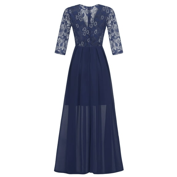Fesfesfes Women Gowns Three Quarter Sleeve V Neck Lace Solid Party Swing Vintage Cocktail Long Dress Clothes Sale