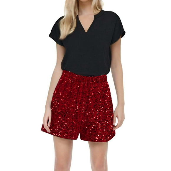 TSADFHJI Skirts for Women High Waist Women's Carnival Color Contrasting Elastic Spicy Girl Bead Shining Shorts S Red