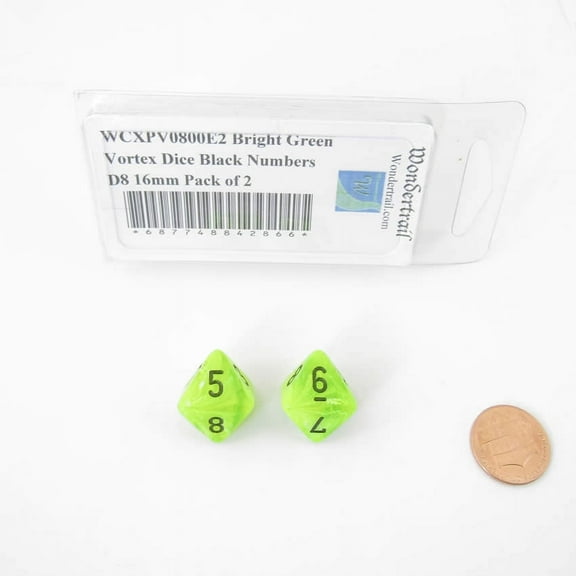 Bright Green Vortex Dice with Black Numbers D8 Aprox 16mm (5/8in) Pack of 2 Wondertrail