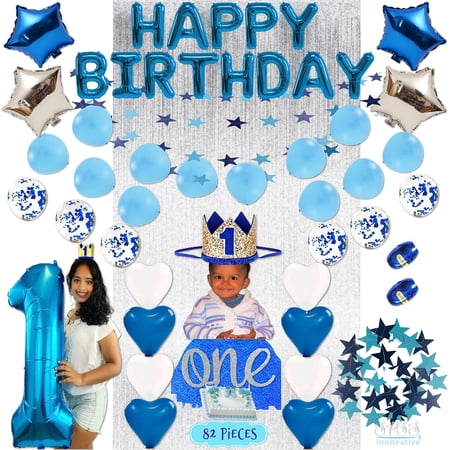 SPSS INNOVATIVE boy 1st birthday decoration, baby boy 1st birthday decoration, 1st birthday boy decoration, 82 Pieces, Blue, Pearl, Silver, Crown, Cake Topper