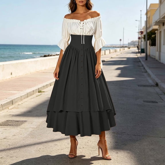 Ynynloco Renaissance Costume Women Peasant Medieval Maxi Dress Off Shoulder Puff Sleeve FairyDress Puff Sleeve with Pockets for Halloween Costume, Whimsical Clothes