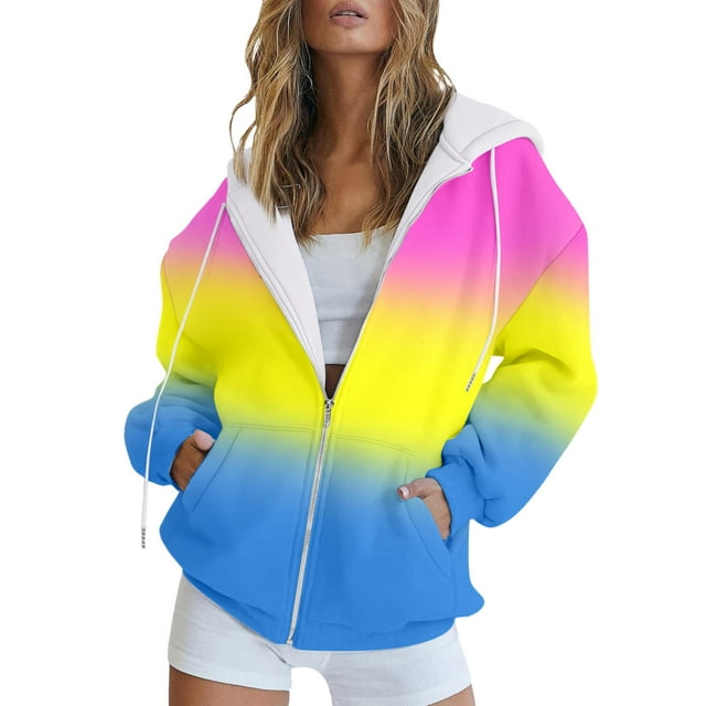 Women Casual Fashion Hooded Drawstring Colorful Printed Zipper Jacket with Pockets and Sweatshirt Style