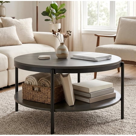 Manxile Round Coffee Tables for Living Room, 2 Tier Wooden Center Table with Storage Shelf for Home Office, Charcoal Gray
