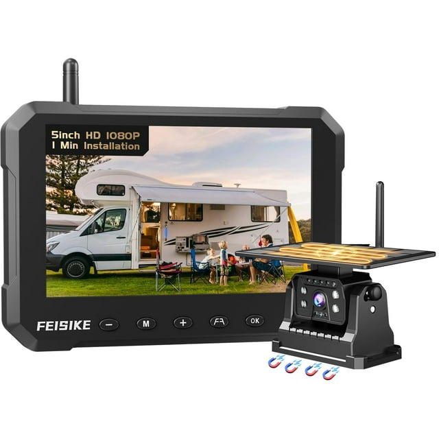 Magnetic Solar Wireless Backup Camera for Truck, 5 Inch No-Drill Installation RV Backup Camera, 1080P Rear View Camera 150° Wide Angle, 24hrs Bat