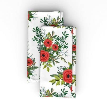 

Linen Cotton Canvas Dinner Napkins (Set of 2) - Winter Blooms Red Green White Festive Christmas Floral Holiday Decor Flowers Holidays Girls Boho Print Cloth Dinner Napkins by Spoonflower