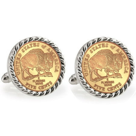 Gold-Layered 2005 Bison Nickel Silvertone Rope Bezel Coin Cuff Links