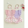thumbnail image 3 of Baby Toddler Girls 3Pcs Summer Outfit 3 6 12 18 Months Short Sleeve Romper + Bow Ruffle Shorts + Headband Set Infant Clothes, 3 of 9