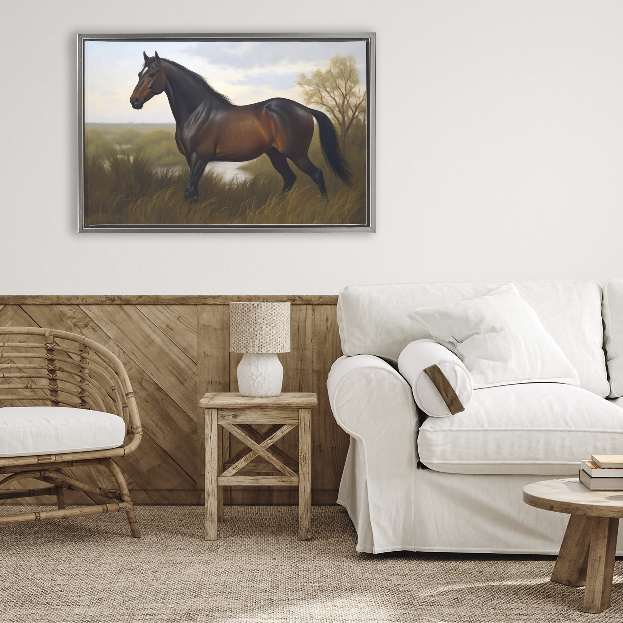 Stupell Industries Stallion in Marshland Gray Framed Floater Canvas Wall Art, design by Creative Studio