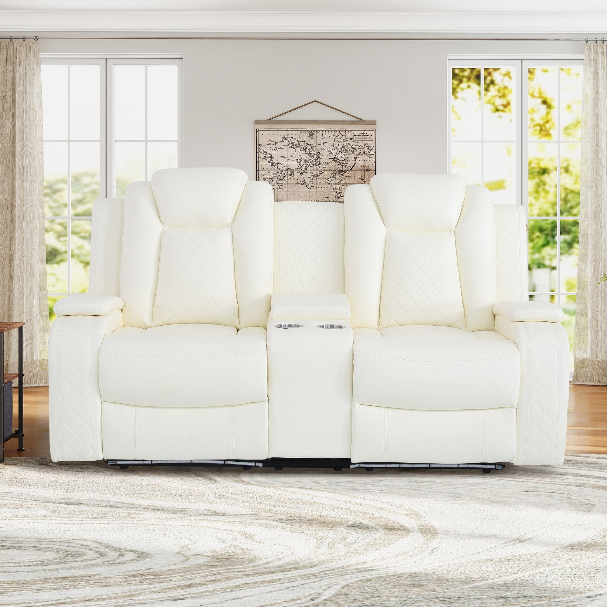 Aukfa 2-Seater Power Recliner Sofa with Cup Holders, USB Charging & Hidden Storage, Modern Electric Loveseat for Living Room Home Theater,White