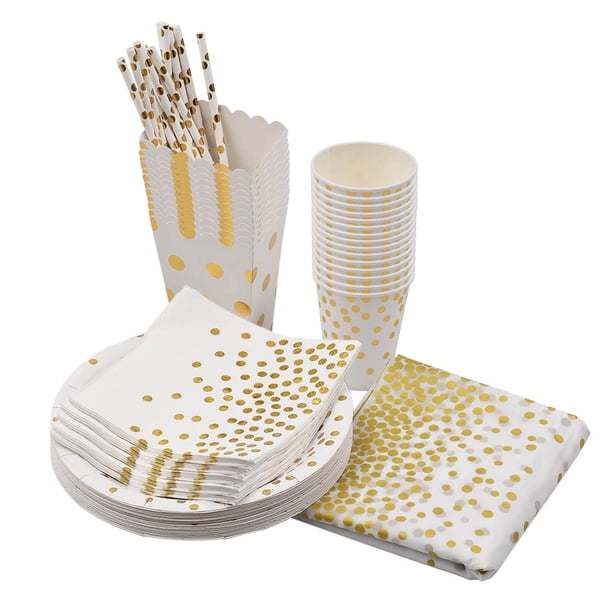 Juego de vajilla de papel de oro rosa Vasos de papel Platos Servilletas Paja Cubierta de mesa Irfora Blanco / 02