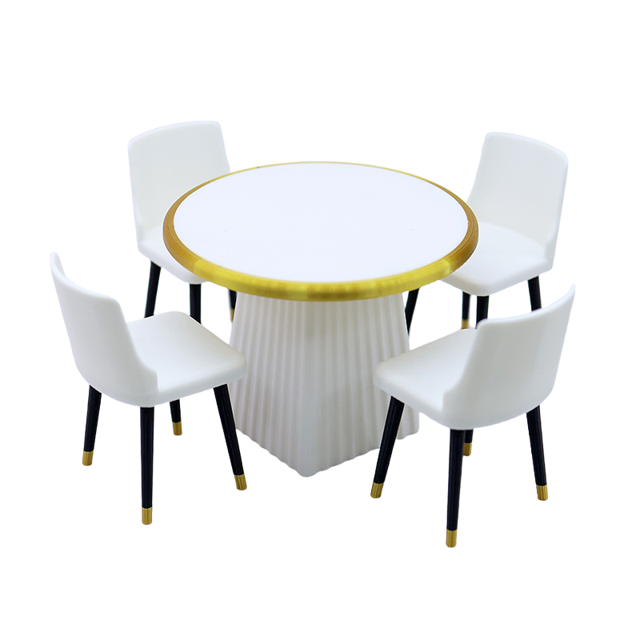 Juego de mesa y sillas de comedor en miniatura, moderno, blanco y dorado