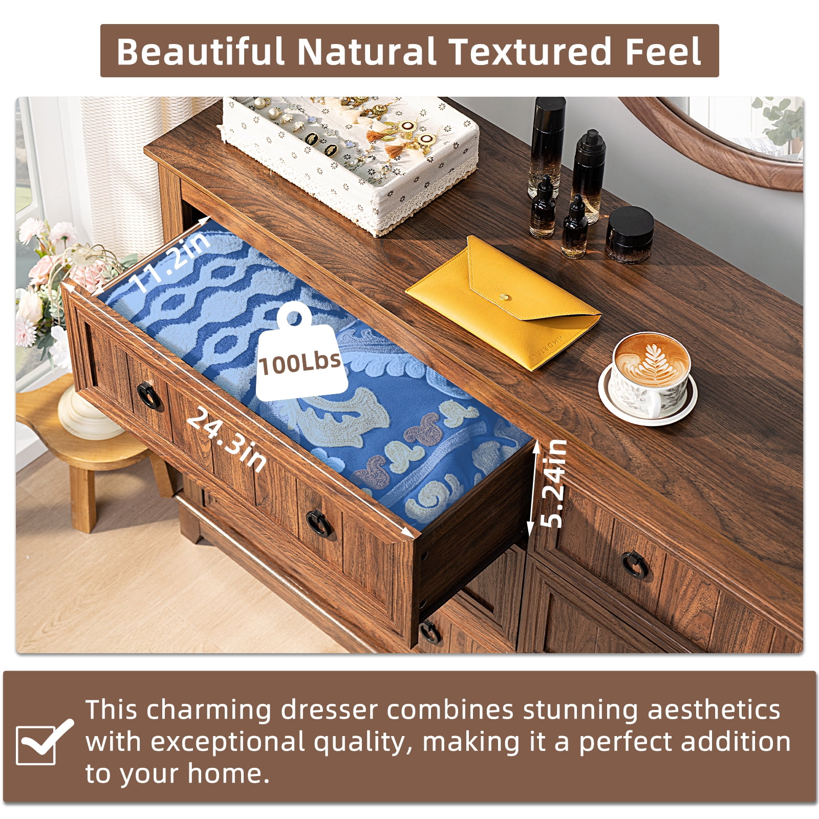 Joaxswe 6 Drawers Dresser for Bedroom, 54'' Dresser Chest of Drawers, Vintage Storage Dressers Organizer for Bedroom, Living Room, Hallway-Brown
