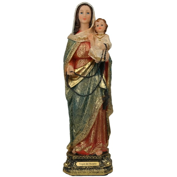 Religious Statue, Multicolor Resin Virgen Del Rosario Sculpture, 12 Inches Height, Traditional Catholic Home Decor, Tabletop Display
