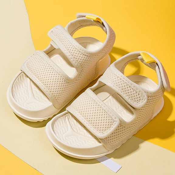 XIMIN Kids Open Toe Breathable Mesh Sandals with Adjustable Hook Loop Straps Non Slip Footwear for Beach Summer Casual Outdoor Wear (Beige, 5.5-6 Years)