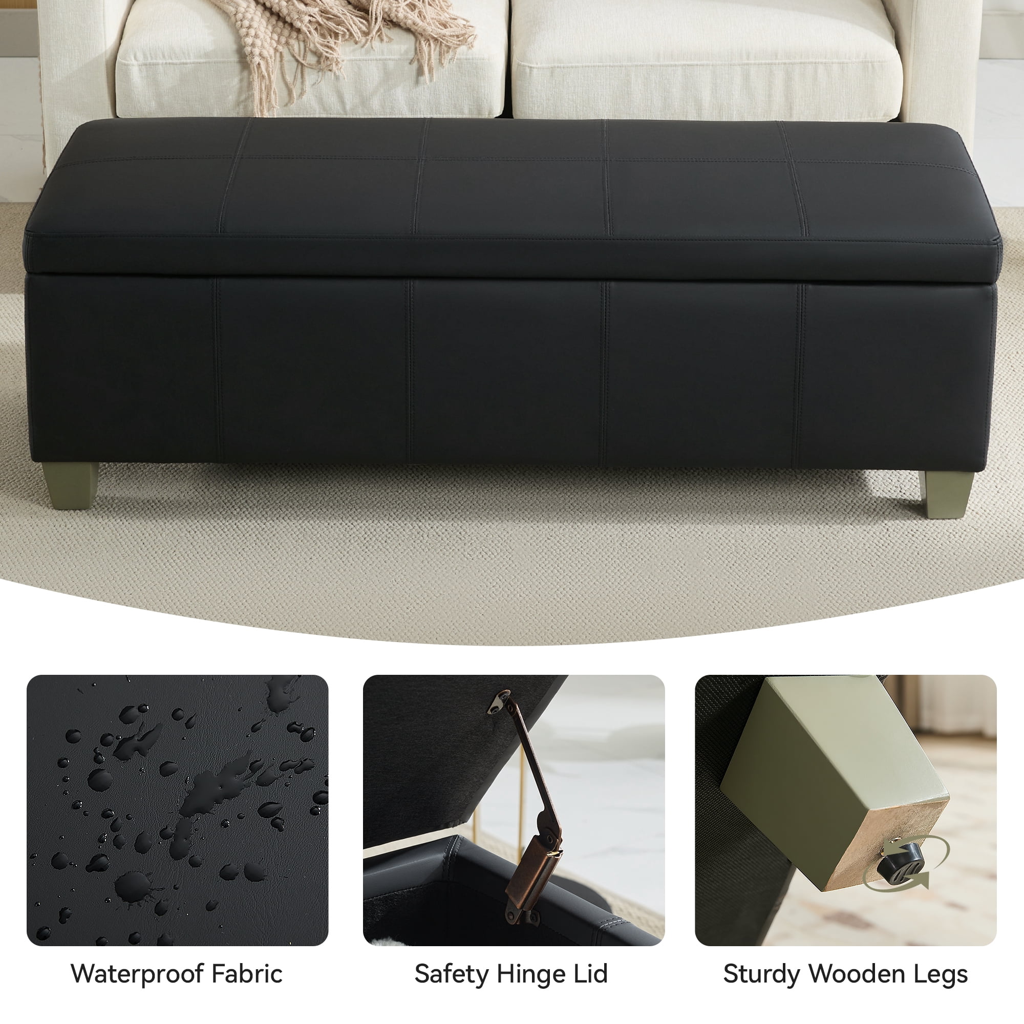 51" Faux Leather Storage Ottoman Bench with Wooden Legs, Tufted Upholstered Seat, Sturdy & Spacious for Bedroom, Entryway, Living Room, Dark Black