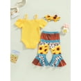 thumbnail image 4 of Caoirhny Infant Baby Toddler Girls Summer Jumpsuit Set, Short Sleeve Off Shoulder Romper + Leopard/Flower Flare Pants + Bow Headband 0-18Months, 4 of 9