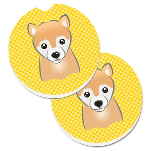Yellow Checkered Shiba Inu Set of 2 Cup Holder Car Coasters