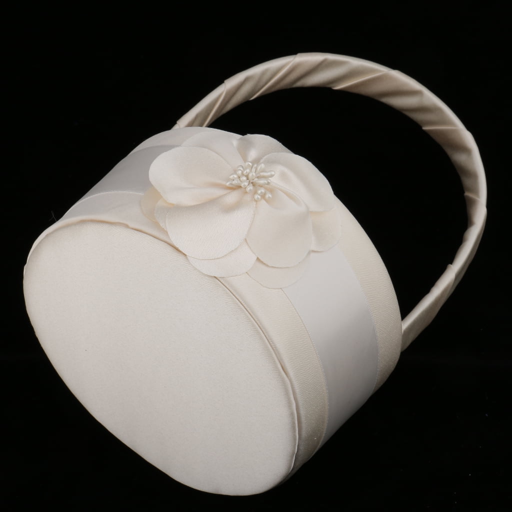 Dualoai 2pcs Flower Champagne Satin Basket Wedding Flower Girl Party Home Decoration