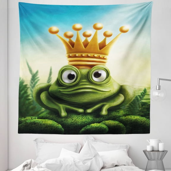 King Tapestry, Frog Prince on Moss Stone with Crown Inspired Cartoon Image, Fabric Wall Hanging Decor for Bedroom Living Room Dorm, 5 Sizes, Forest Green and Yellow, by Ambesonne