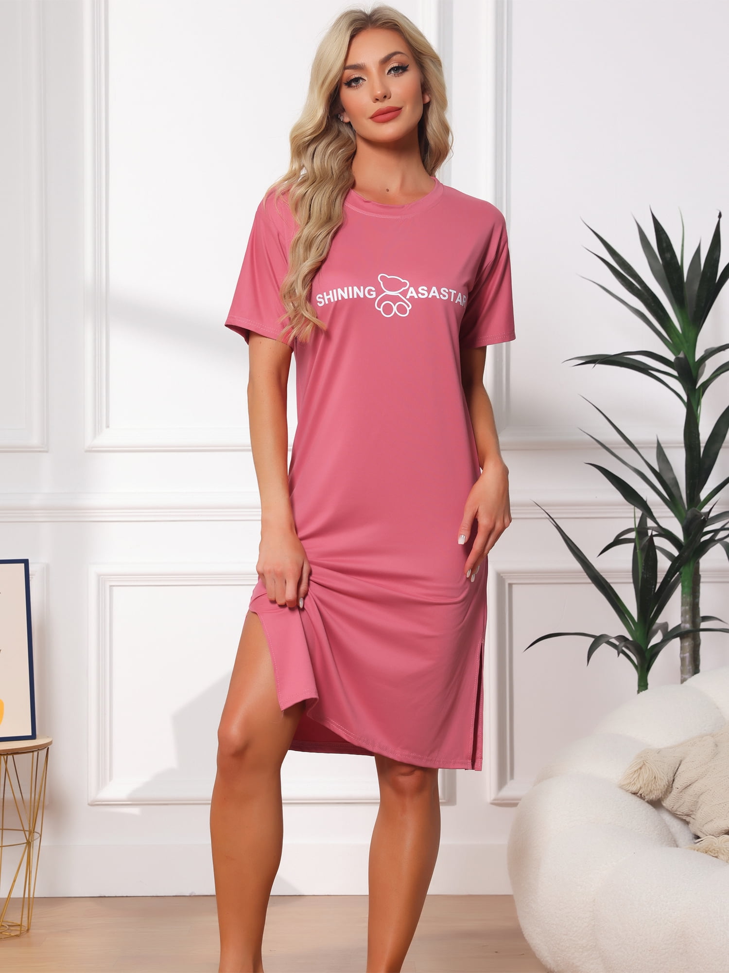 DARING DIVA Women's Rolled Cuffs Side Slit Soft Sleepwear XXX-Large Rose Pink