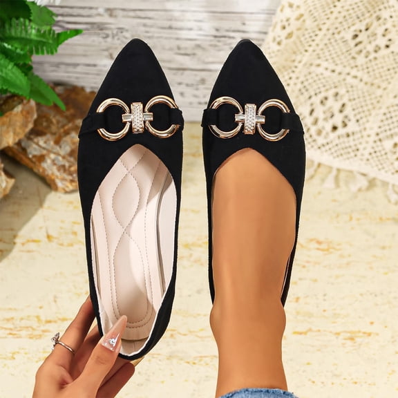 Ladies 2026 Summer Flat Shoes Solid Color Pointed Toe Metal Buckle Accent Soft Sole Slip On Lightweight Cushioned Orthopedic Arch Support Wide Toe Box Comfort Walking Daily Footwear Black 41